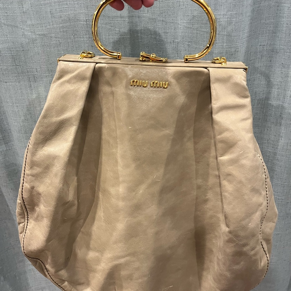 Miu Miu Tan Leather Handbag with Gold Accents